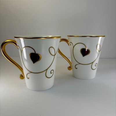 PROUNA Ruby Gold Swirl with Heart PAIR Mug Mugs English Bone China  24kt Gold