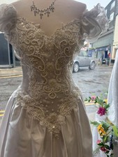 White Satin Ball Gown Wedding Dress Sweetheart Short Sleeve Beaded, S