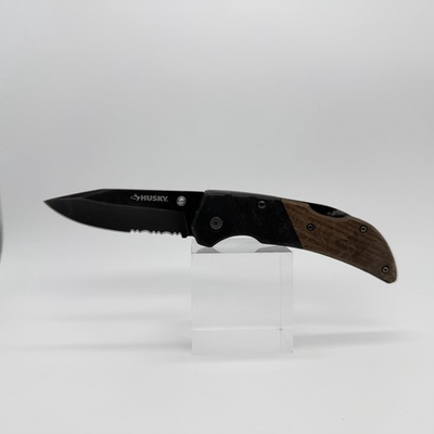#ad Husky 7quot; Black Folding Tactical Knife Wood Inlay Handle Combination Blade $9.65