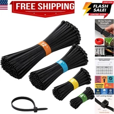 Black Zip Ties 400 Pack Assorted Sizes – Heavy Duty 50 lbs Strength, UV Resis...