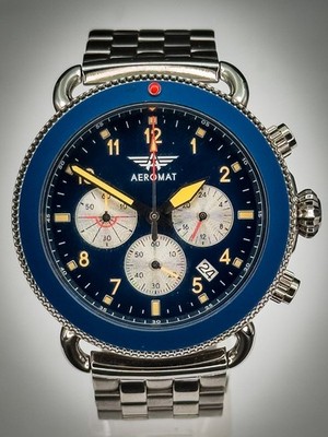 未使用 Aeromatic A1311 エアロマチック パイロットウォッチ AEROMAT Men's Pilot Chronograph 45mm Blue Dial Stainless Steel