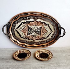 Vintage Turkish Copper Etched Artisan Tray & Saucers By Gulnur Hediyelik Esya