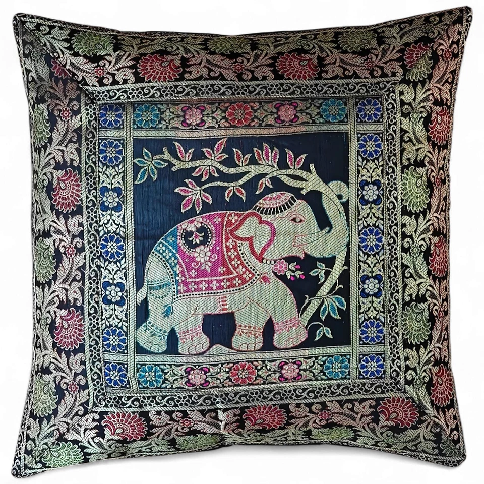 Indian Brocade Elephant Cushion Cover – Decorative Silk Throw Pillow Case, 16x16 - Image 2 of 4
