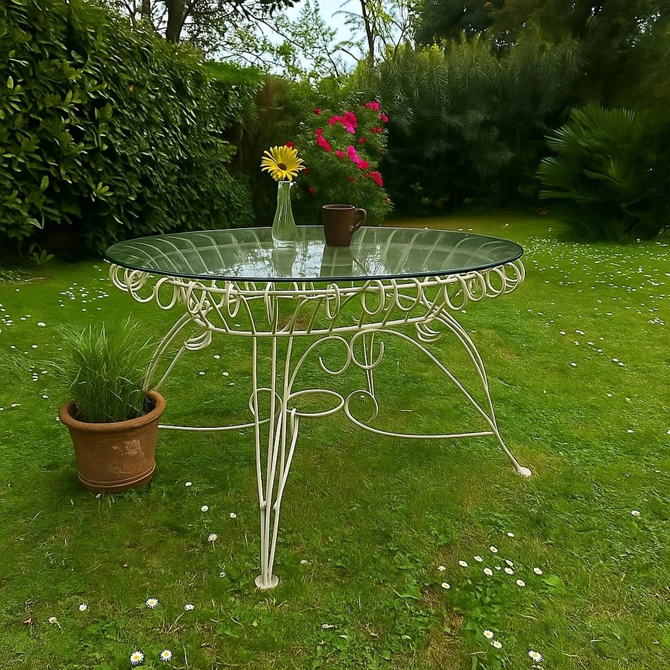 Mesa de Jardín Vintage Hierro Esmaltado Blanco Italia Diseño Años 60 Original - Imagen 2 de 4