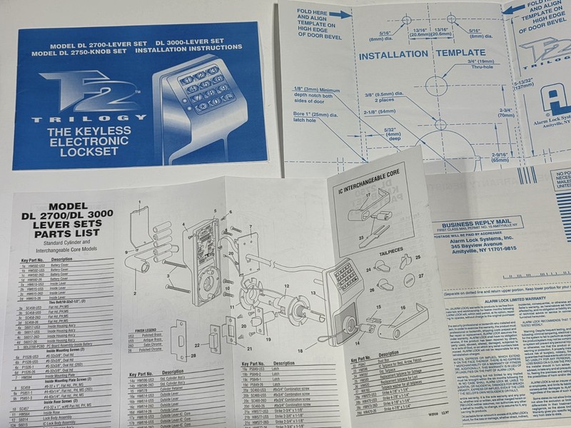 Trilogy T2 model DL 2700/DL 3000 Installation Instructions, Template, Parts List