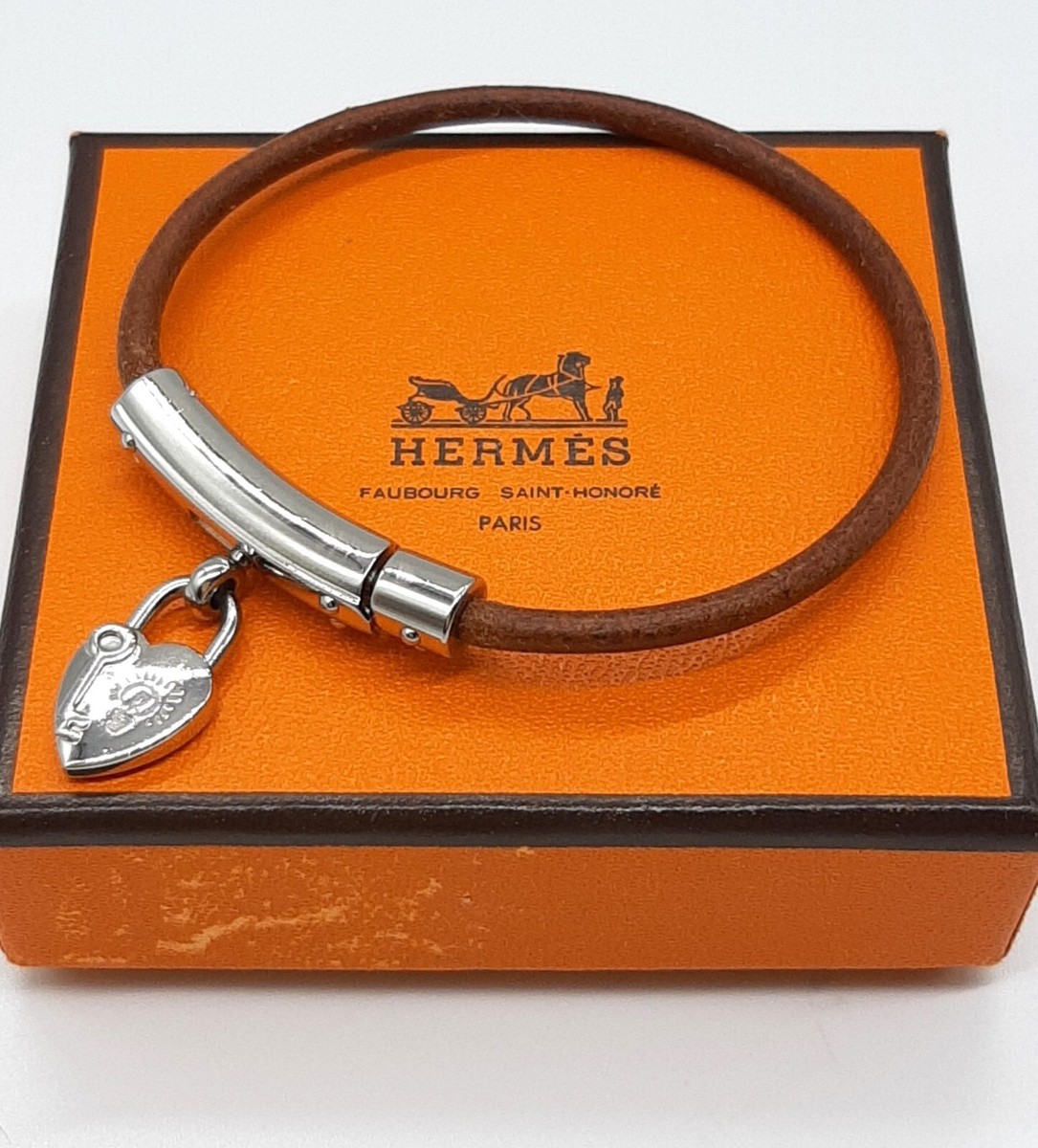 Hermes Viviride Heart Bracelet bangle Leather Brown, Silver
