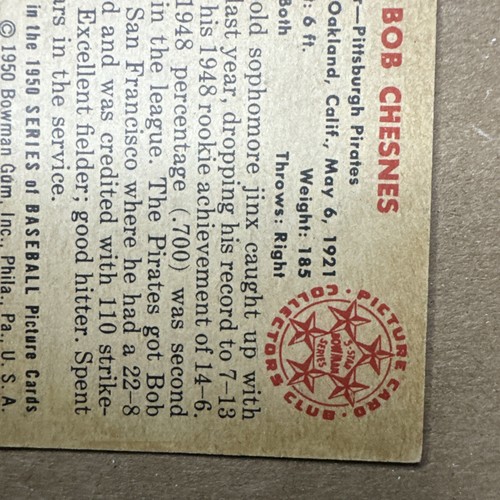 1950 Bowman BOB CHESNES Pittsburgh Pirates Baseball Card #70 No Creases NMINT ⚾ - Imagen 10 de 10
