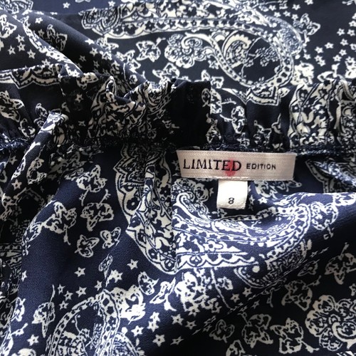 Blue mix M&S cold shoulder Top size8 stringties@shoulder long sleeve+bell cuffs - Picture 6 of 8