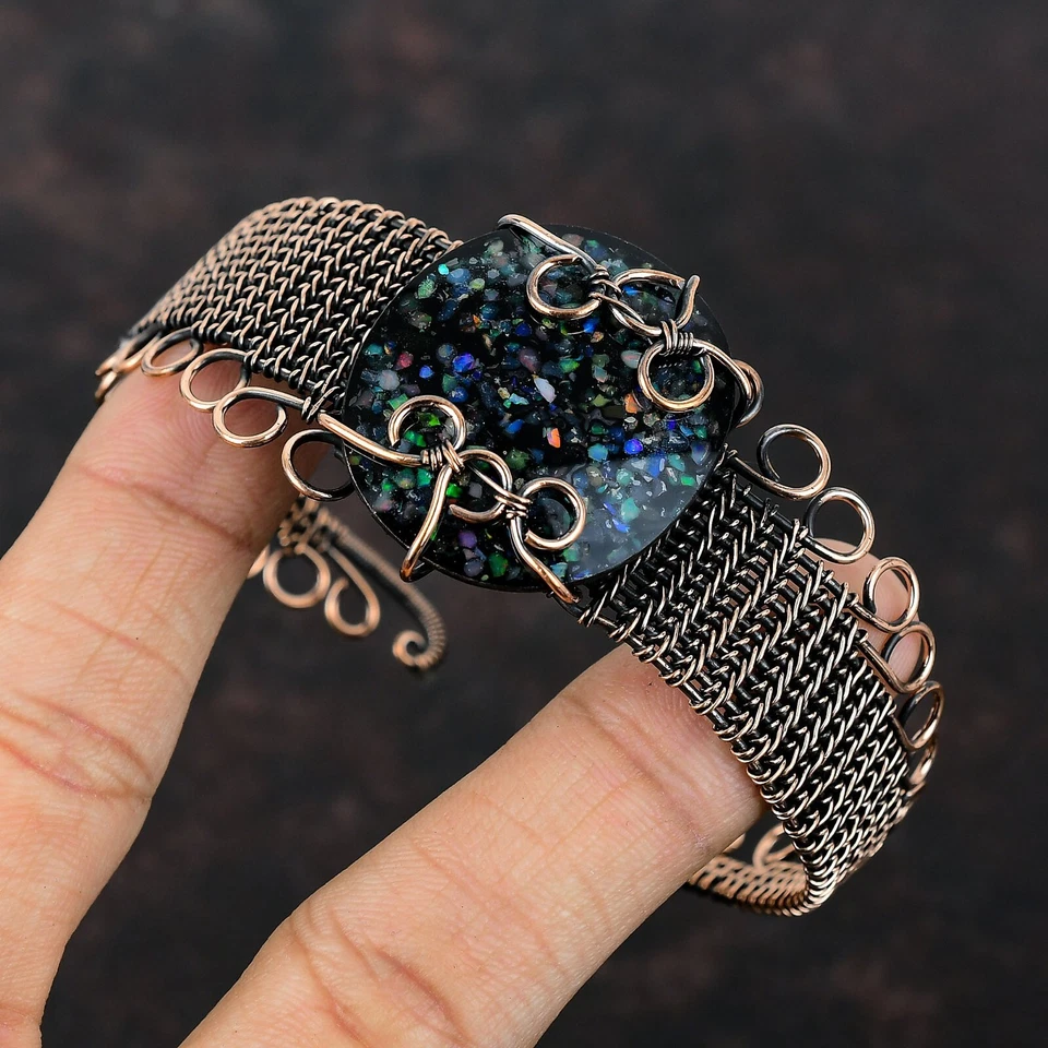 Brazalete ajustable envuelto en alambre de regalo de bestia de cobre ópalo etíope negro Foto 3 de 4