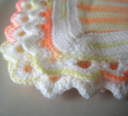 Hand Knit Wool Baby Blanket + Booties 34 x 38 Bright Orange &Yellow Crochet Edge - Picture 4 of 5