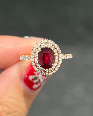 Solid 14K Yellow Gold Oval Cut 1.53 Ct Natural Ruby & Diamond Anniversary Ring