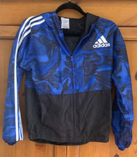 ADIDAS Jacket Boys M 10-12 Blue Windbreaker Mesh Lined Zip Hooded 3 Stripe
