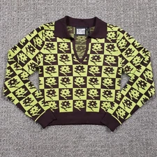 Reclaimed Vintage Sweater Womens size 2 Yellow Brown Polo Checkerboard Flower Sm