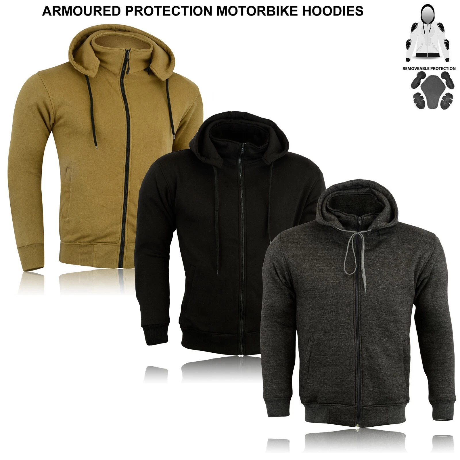 Motorcycle Motorbike Armoured Hoodie Hoody Fleece Jacket Zip Up Removable Armour
Opens in a new wind