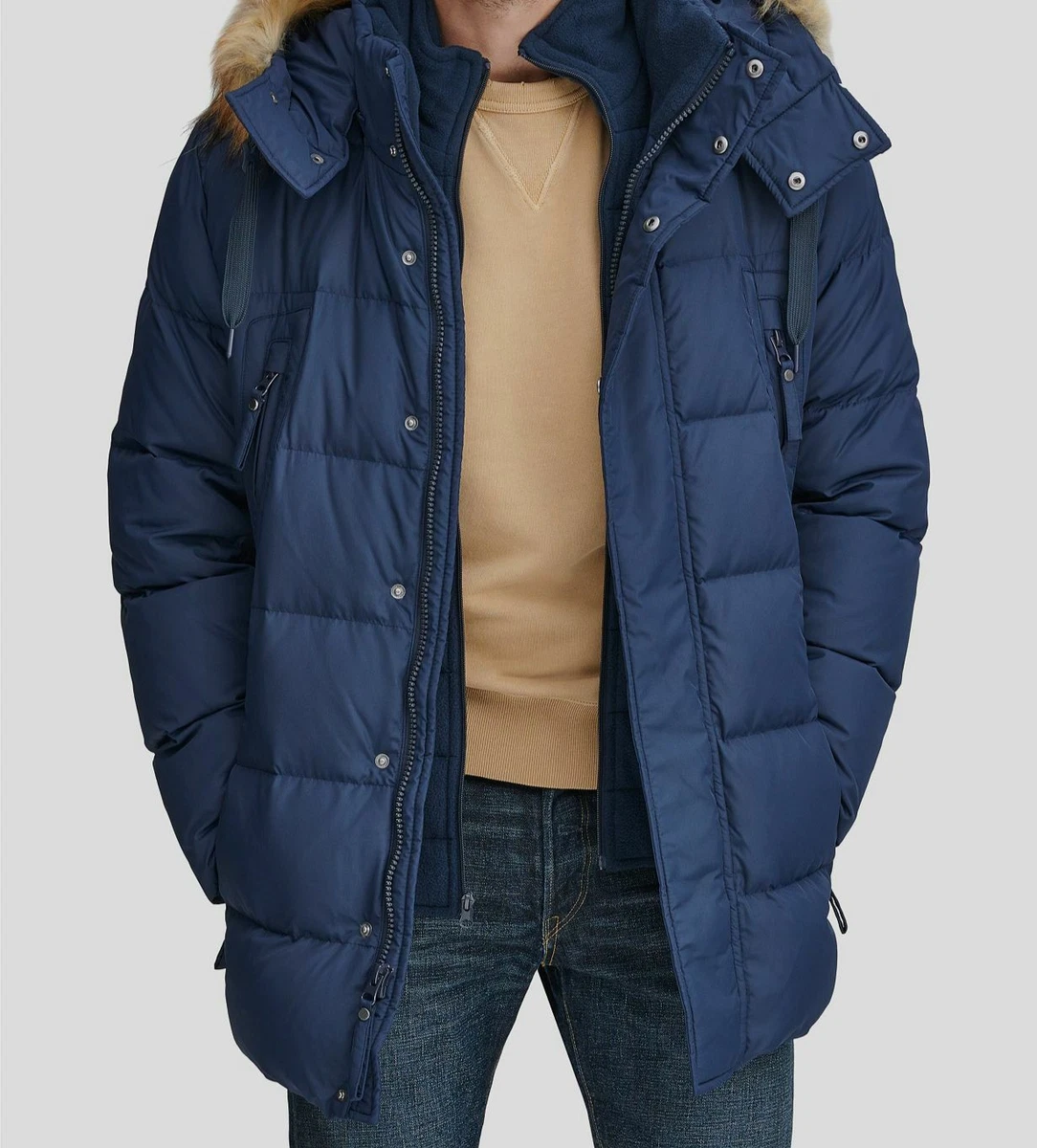 295 Marc New York Men Blue Faux Fur Trim Down Snorkel Parka Jacket Coat Size M