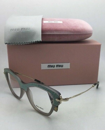 MIU MIU Eyeglasses VMU 07O U6S-1O1 52-17 Gold Grey & Teal Leather Cat Eye Frames - Picture 6 of 12