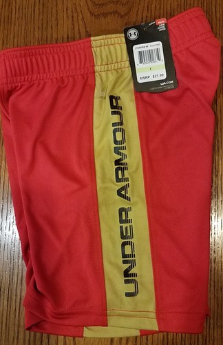NWT UNDER ARMOUR Red & Gold LOGO Heatgear Athletic SHORTS Size 4 - Picture 2 of 4