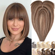 Clip in Real Remy Hair 100% Human Hair Topper Hairpiece Bangs Top Toupee Women