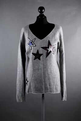 Frogbox Damen Pulli Pullover 40 grau Sterne Pailetten V-Neck Wolle Kaschmir B495