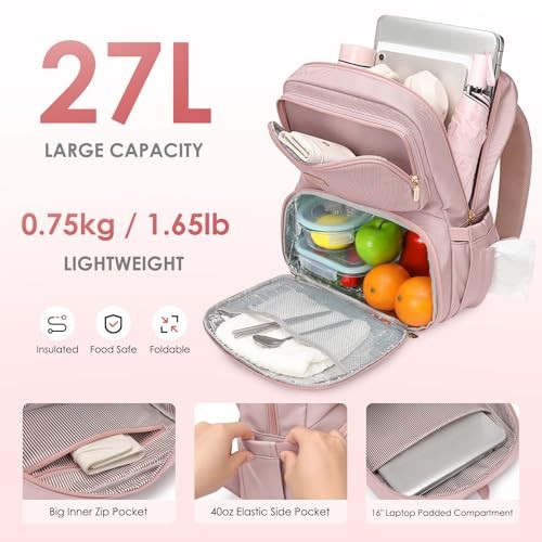 Lunch Backpack for Women Men 16 Inch Laptop Backpack with Leak Medium Pink - Picture 6 of 7