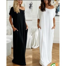 Two Women's Off Shoulder Maxi Dress Casual Loose Fit White Bundle S M XL