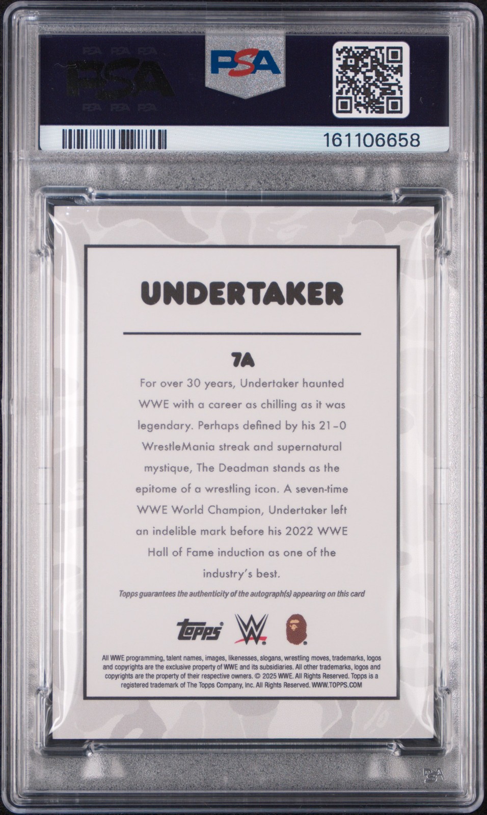 2025 TOPPS WWE X BAPE AUTO-PINK CAMO FOIL #7A UNDERTAKER 21/25 PSA 9 AUTO 10 view 2