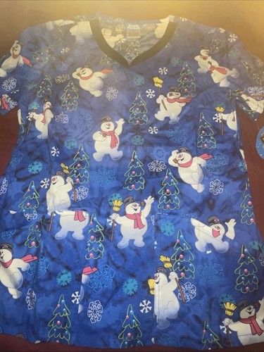 Sale! Frosty The Snowman Cherokee Scrubs Tooniforms Christmas V Neck Top - Med - Picture 2 of 13