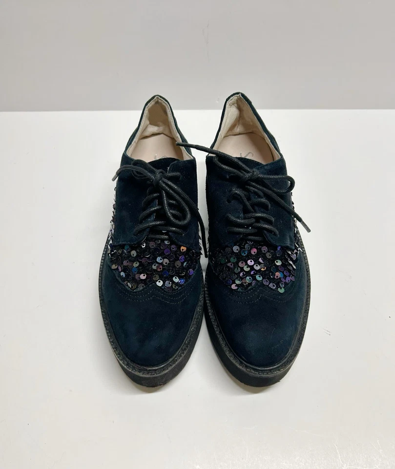 Zapato Deportivo Oxford Shellys London Para Mujer Negro Gamuza Lentejuelas Plataforma 36 6 Foto 2 de 4