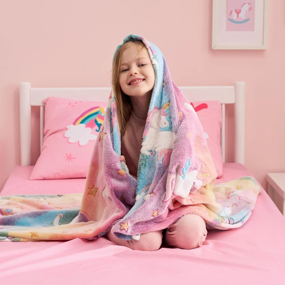 Manta unicornio brilla en la oscuridad niños tirar franela cálida decoración de dormitorio Foto 4 de 4