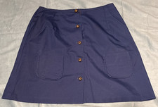 Vintage Navy Blue Button Front A-Line Skirt with Pockets Copper Buttons 0378