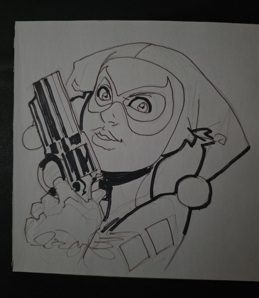 Rick Leonardi Original Hand Drawn Ink Sketch Art Harley Quinn Signed 7×7 Comic Art