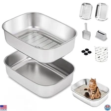Extra Large Stainless Steel Sifting Litter Box with Lid & Scoop for Big Cats