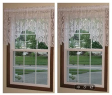 2 Sets White Lace Scalloped Valences Fits 36" Windows 4 Panels Rod Pockets