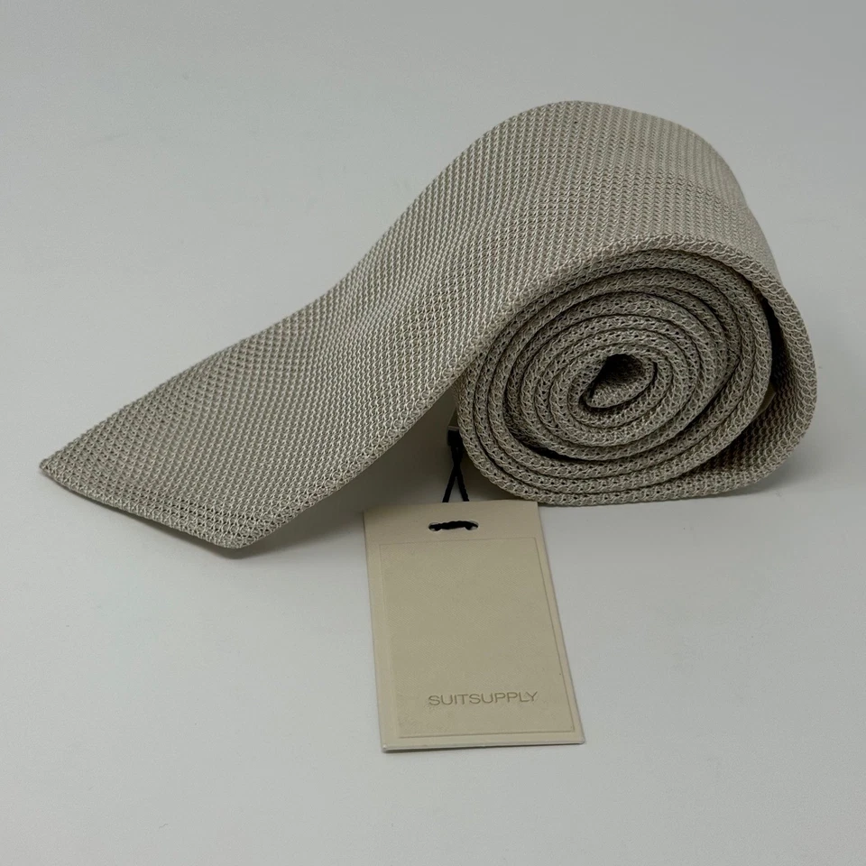 SUITSUPPLY Tie Off White Plain Beige Knitted Silk Blend D221024 Men's - Image 2 of 4