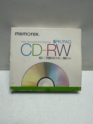 MEMOREX HighSpeed CD-RW 12x Data/700MB/80 Min 5-Pack Blank CD Disks New Unsealed