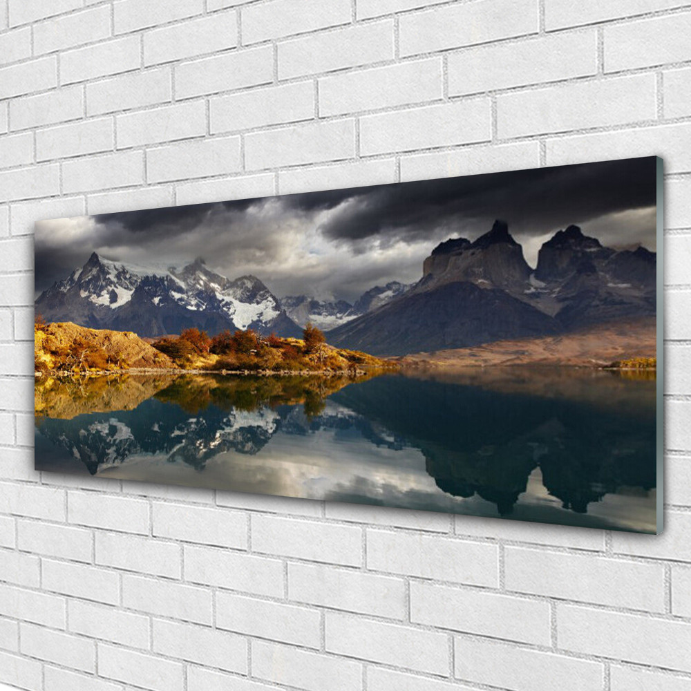 Tableau en verre de 125x50 cm avec paysage de montagne et lac panoramique