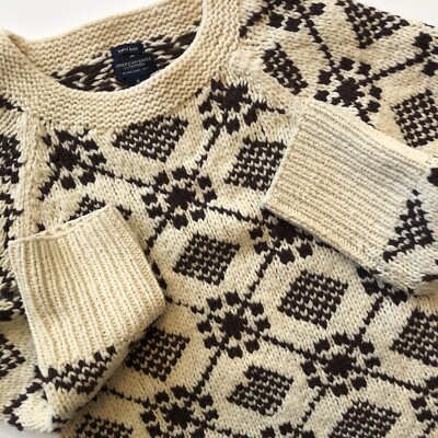 American Eagle Hand Knit 100% Lambs Wool Sweater Women s M Nordic Cream Brown