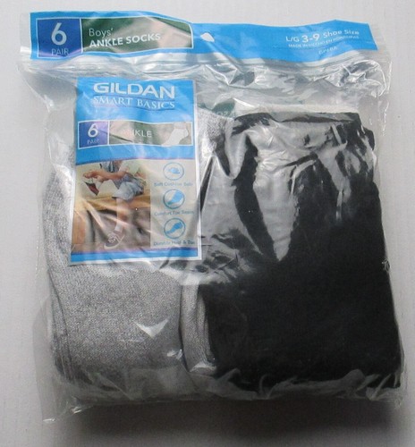New Boys Size L 3-9 Shoe Size Gildan 6 Pair Ankle Socks