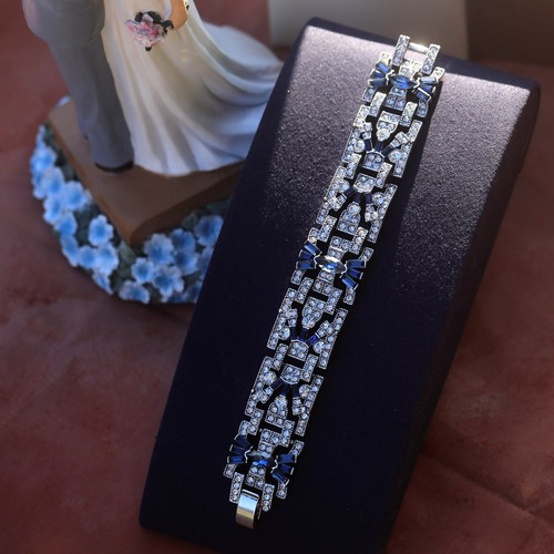 Bracelet Silver Art Deco Rhinestone Blue Marriage Vintage Old Style Great Gatsby