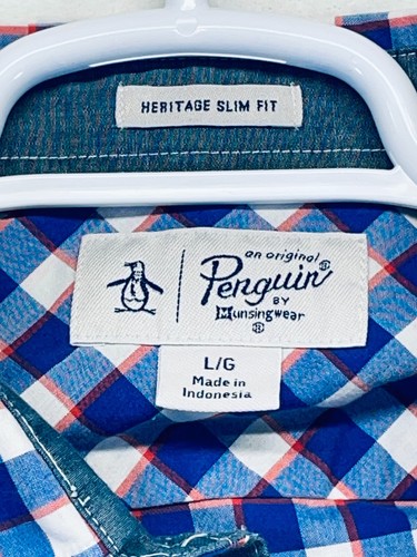 Original Penguin Button Shirt Mens L Blue Plaid Heritage Slim Fit Short Sleeve - Picture 2 of 13