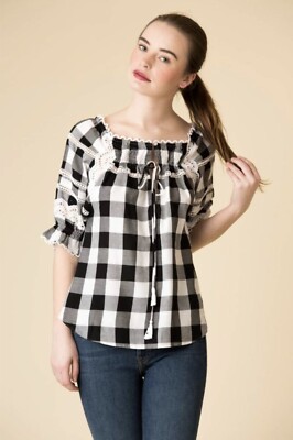 Marissa Webb Amelia Buffalo Plaid Off Shoulder Top Medium