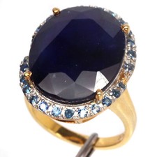 Gemstone 15 X 19 mm Oval With Round Blue Sapphire Woman Ring 925 Silver Sterling