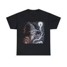 Vintage Style T Shirt Wizard Warlock Lightning Fantasy Mythical Art Tee Skull