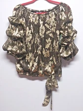 NWT CeCe Womens top Sz S shimmery gold black Party metallic blouson off shoulder
