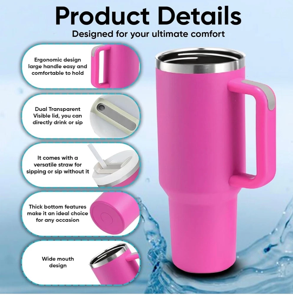 Tumbler 40oz Stainless Steel Tumbler with Lid and Straw, Double Wall Vacuum pink