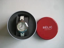 Relic By Fossil Women's Cream Enamel Skinny Band Crystal Accent Watch ZR 34210