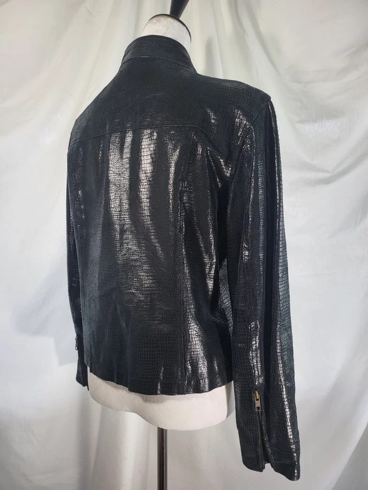 Chaqueta Blazer Estilo Moto Rafaella Negra Estampado Piel Serpiente Cuero Cremallera Talla 10  Foto 3 de 4