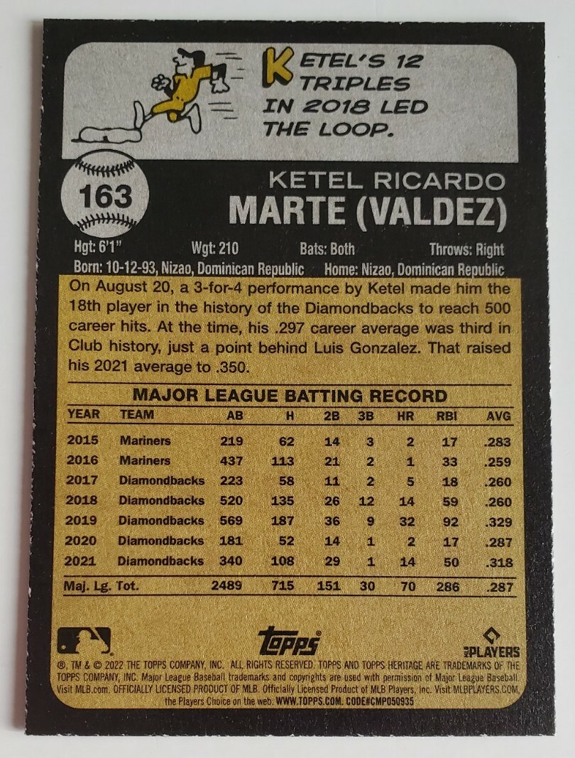 2022 Topps Chrome Heritage Ketel Marte Arizona Diamondbacks Blue