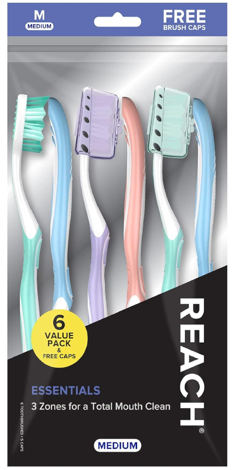 Reach Essentials Toothbrush with Covers, Multi-angled Medium Multi