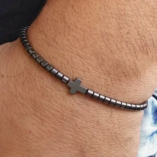 Natural Stone Hematite Cross Bead Beaded Bracelet